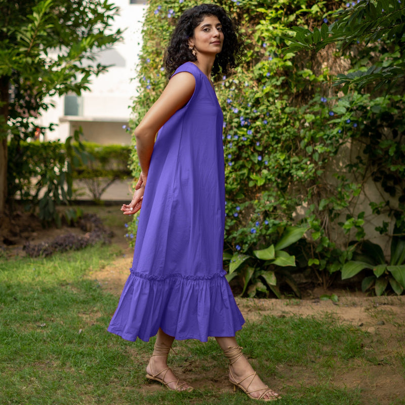Purple Cotton Poplin A-Line Deep Neck Sleeveless Maxi Dress 30" / Custom Height (Free) Purple Cotton Poplin A-Line Deep Neck Sleeveless Maxi Dress 30" / Custom Height (Free)
