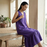Purple Cotton Poplin A-Line Deep Neck Sleeveless Maxi Tier Dress