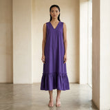 Purple Cotton Poplin A-Line Deep Neck Sleeveless Maxi Tier Dress