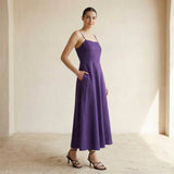 Purple Cotton Poplin Ankle Length Flared Sundress