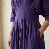 Purple Cotton Poplin Cinched Waist Flared Maxi Dress