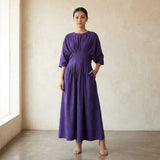 Purple Cotton Poplin Cinched Waist Flared Maxi Dress