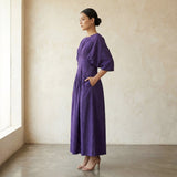 Purple Cotton Poplin Cinched Waist Flared Maxi Dress