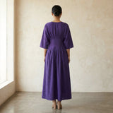 Purple Cotton Poplin Cinched Waist Flared Maxi Dress