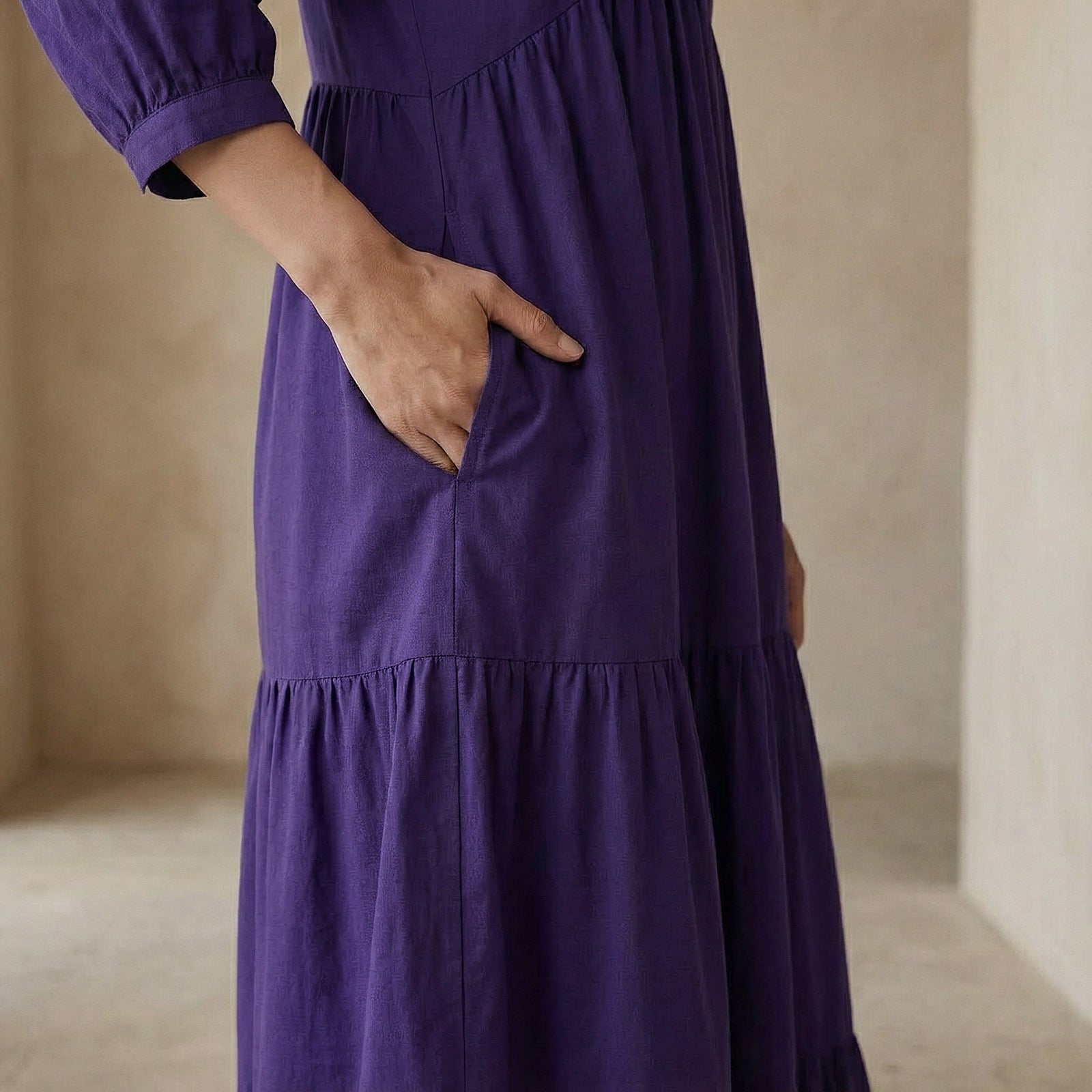 Purple Cotton Poplin Deep-V Maxi Tier Dress 58