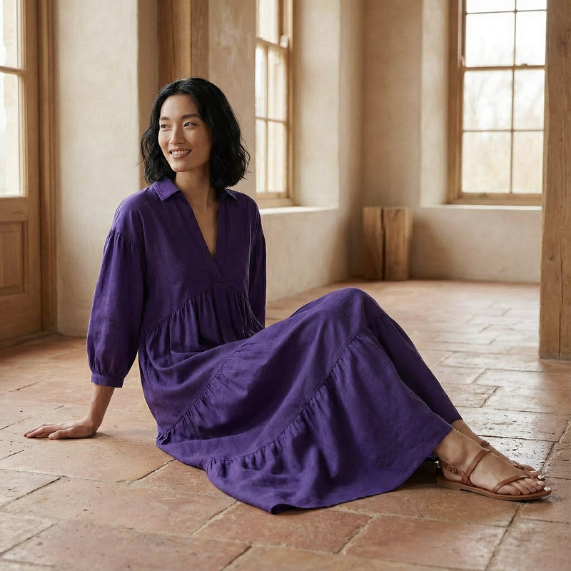 Purple Cotton Poplin Deep-V Maxi Tier Dress 58