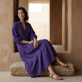 Purple Cotton Poplin Deep-V Maxi Tier Dress