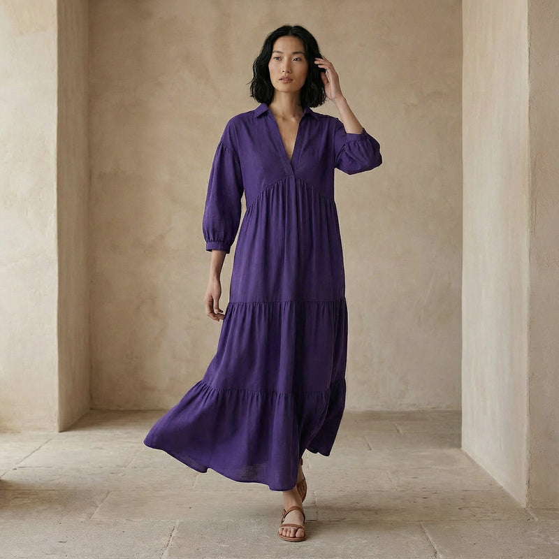 Purple Cotton Poplin Deep-V Maxi Tier Dress 58" / Custom Height (Free)