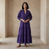 Purple Cotton Poplin Deep-V Maxi Tier Dress