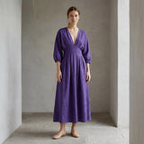 Purple Cotton Poplin Deep-V Neck Empire Waist Maxi Dress