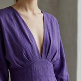Purple Cotton Poplin Deep-V Neck Empire Waist Maxi Dress