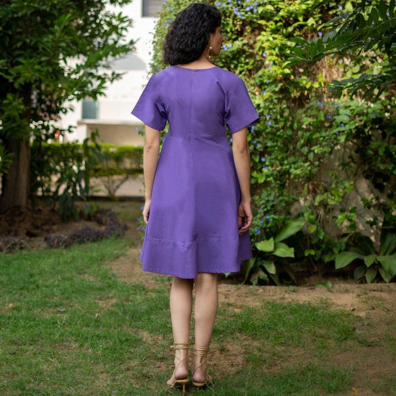 Purple Cotton Poplin Drop Shoulder Sleeves Knee Length Wrap Dress