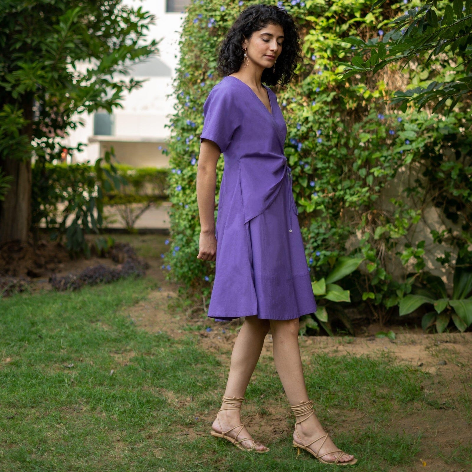 spring wrap dress Purple Cotton Poplin Drop Shoulder Sleeves Knee Length Wrap Dress 68