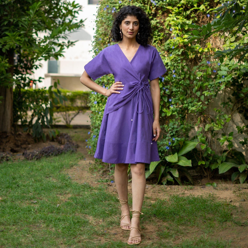 Purple Cotton Poplin Drop Shoulder Sleeves Knee Length Wrap Dress 36" / Regular (5'2" - 5'6") Purple Cotton Poplin Drop Shoulder Sleeves Knee Length Wrap Dress 36" / Regular (5'2" - 5'6")