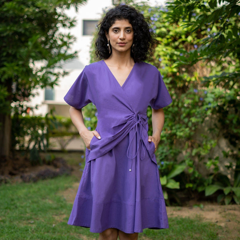 Purple Cotton Poplin Drop Shoulder Sleeves Knee Length Wrap Dress 68