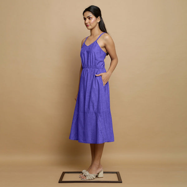 Purple Cotton Poplin Elasticated Midi Cami Dress