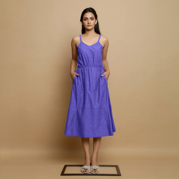 Purple Cotton Poplin Elasticated Midi Cami Dress