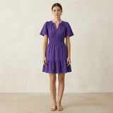 Purple Cotton Poplin Elasticated Short Tier Dress
