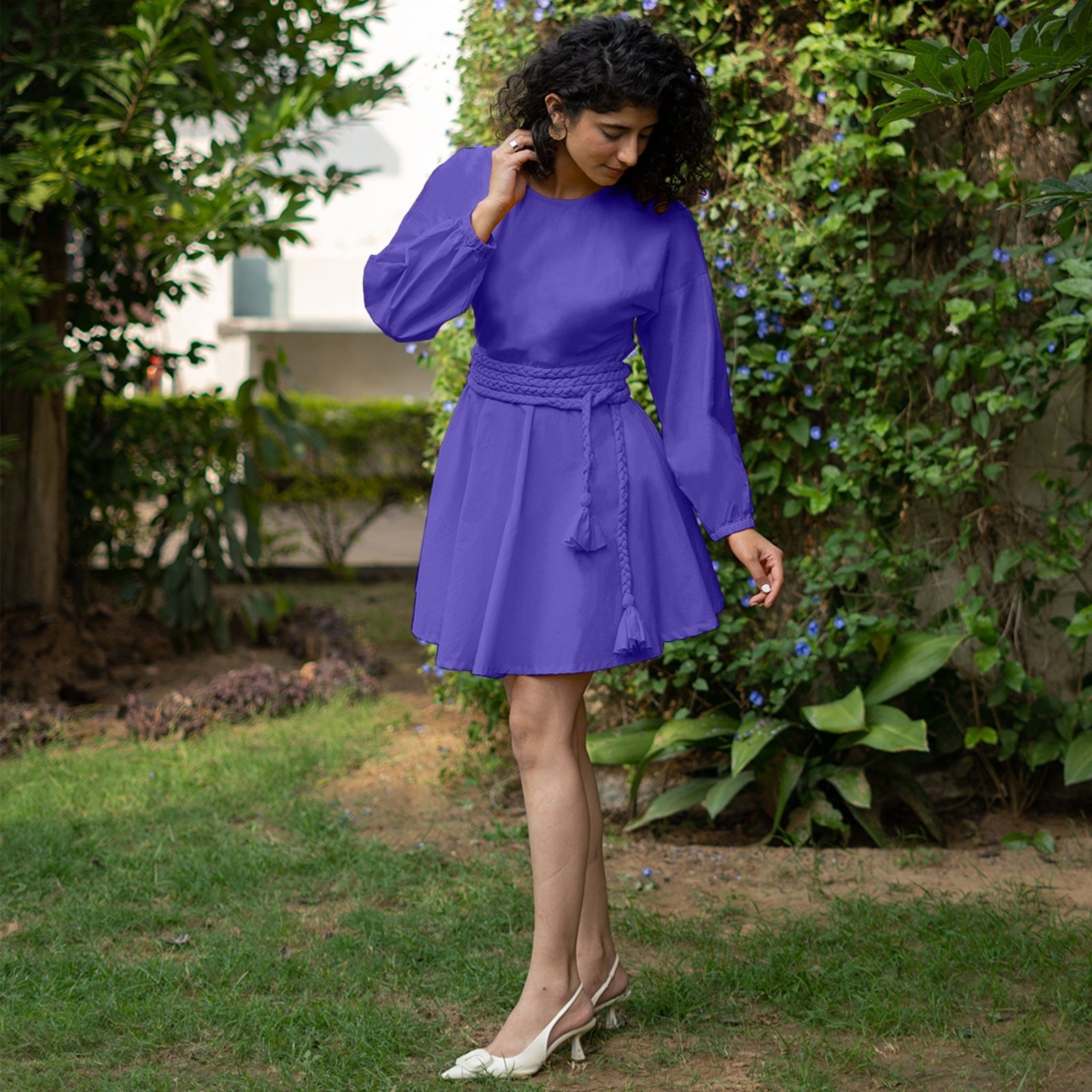 Purple Cotton Poplin Fit and Flare Balloon Sleeves Short Dress 48