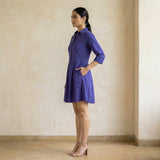 Purple Cotton Poplin Fit and Flare Button-Down Short Shirt Dress