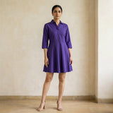 Purple Cotton Poplin Fit and Flare Button-Down Short Shirt Dress