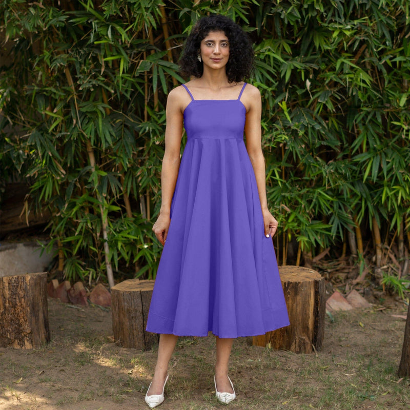 Purple Cotton Poplin Fit and Flare Midi Empire Dress