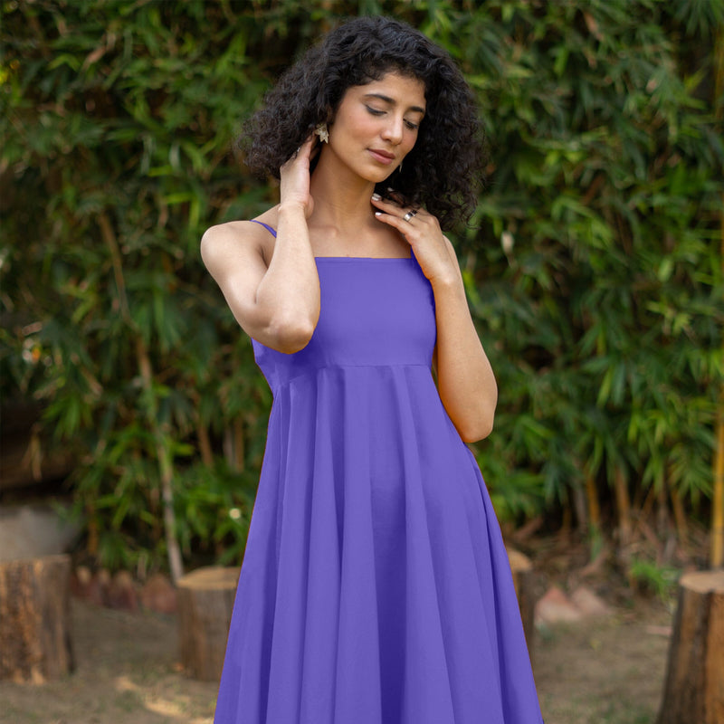 Purple Cotton Poplin Fit and Flare Midi Empire Dress
