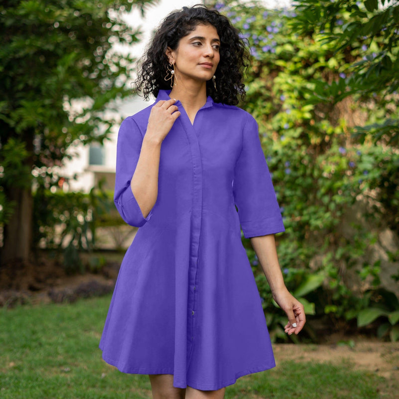Purple Cotton Poplin Fit and Flare Short Button-Down Shirt Dress 56" / Tall (5'7" and above) Purple Cotton Poplin Fit and Flare Short Button-Down Shirt Dress 56" / Tall (5'7" and above)