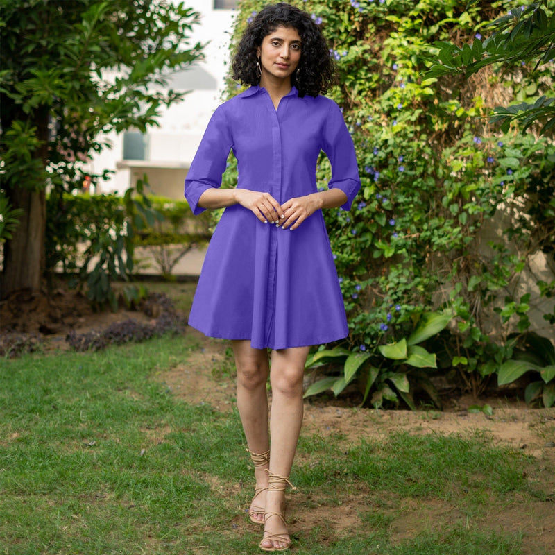 Purple Cotton Poplin Fit and Flare Short Button-Down Shirt Dress