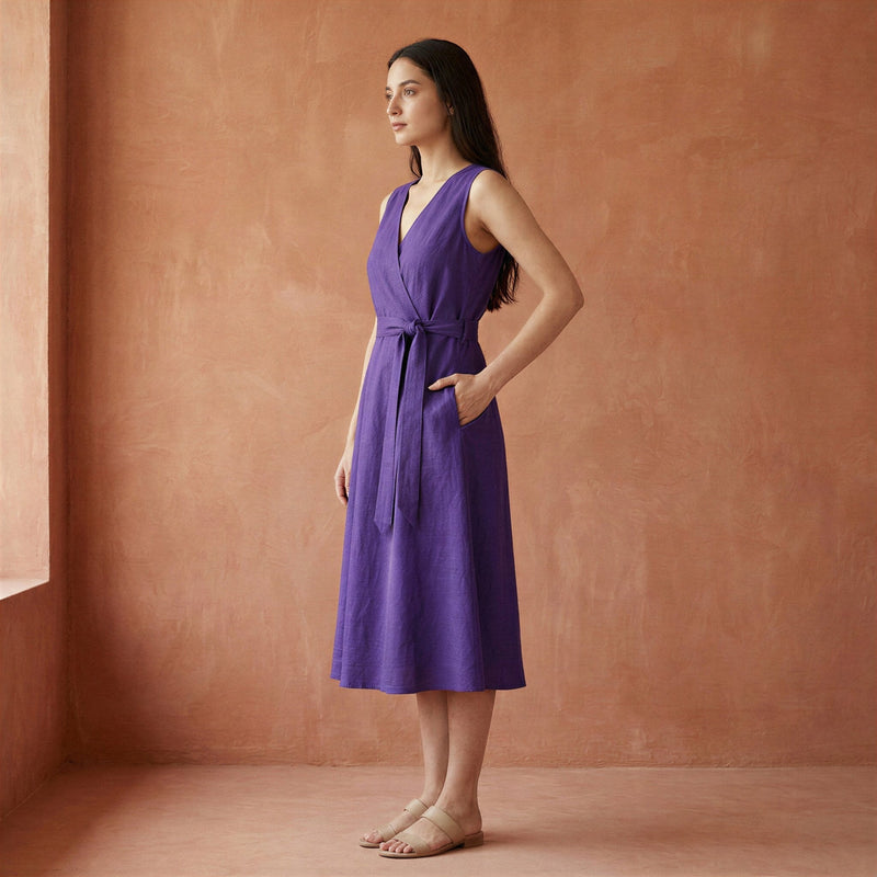 Purple Cotton Poplin Fit and Flare Sleeveless Dress 44