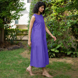 Purple Cotton Poplin Flared Midi Sleeveless Jumpsuit