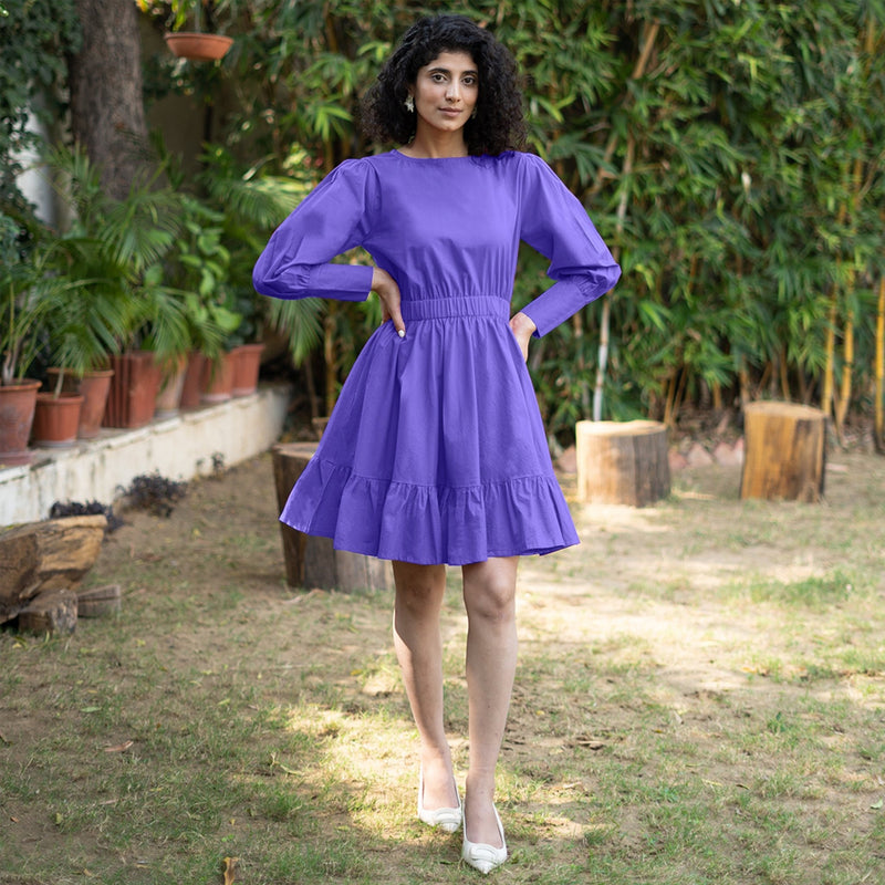 Purple Cotton Poplin Gathered Short Tier Dress