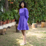 Purple Cotton Poplin Gathered Short Tier Dress
