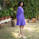 Purple Cotton Poplin Gathered Short Tier Dress