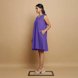 Purple Cotton Poplin Hand Embroidered Knee-Length Godet Dress