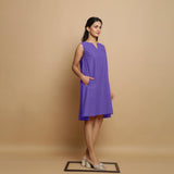 Purple Cotton Poplin Hand Embroidered Knee-Length Godet Dress