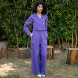 Purple Cotton Poplin High-Rise Elasticated Pleated Wide Legged Pant