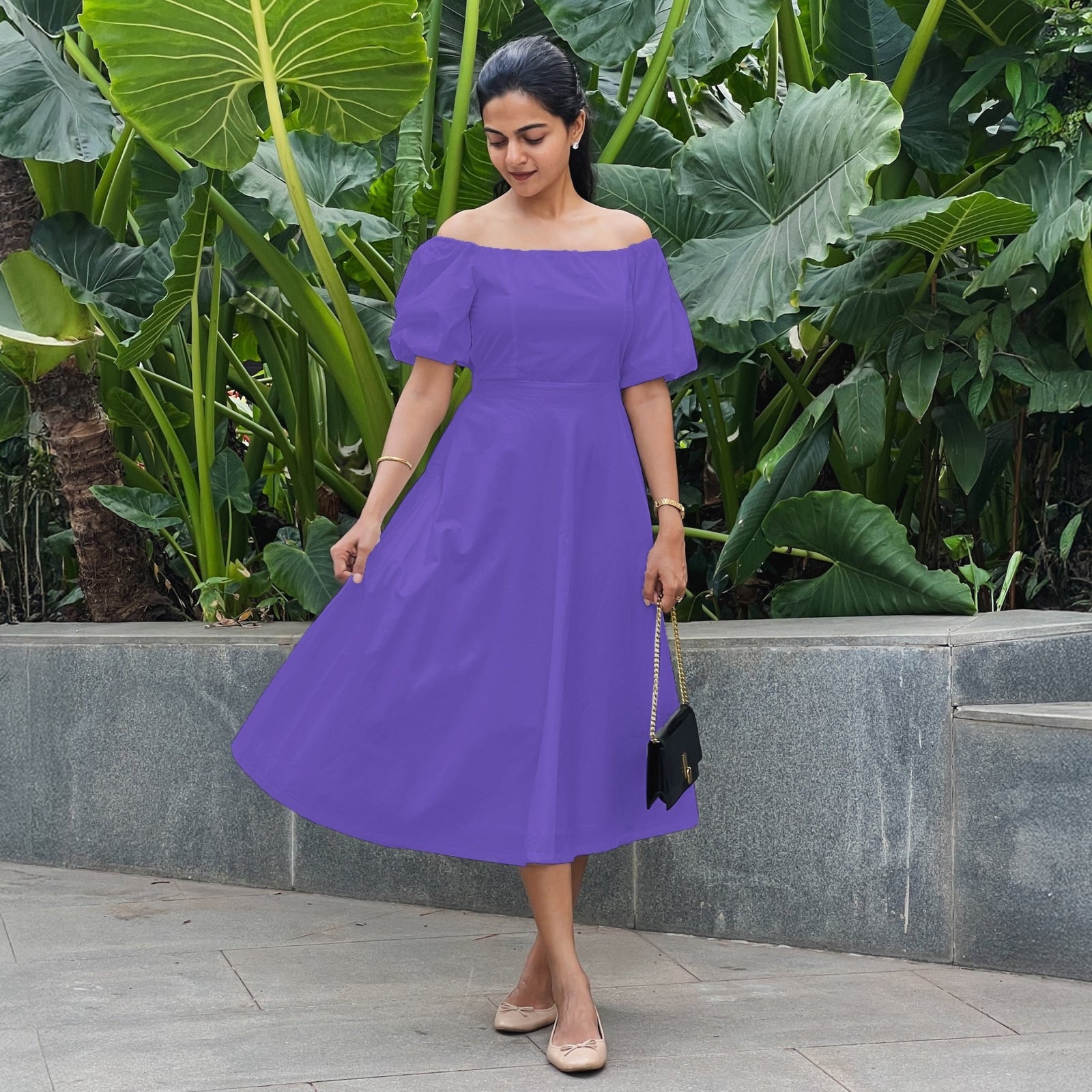 Purple Cotton Poplin Midi Off-Shoulder Dress 52