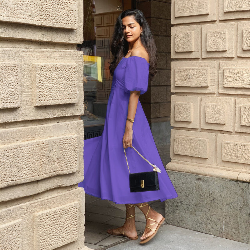 Purple Cotton Poplin Midi Off-Shoulder Dress Custom Size (Free) / Custom Height (Free) Purple Cotton Poplin Midi Off-Shoulder Dress Custom Size (Free) / Custom Height (Free)