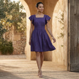 Purple Cotton Poplin Open-Back Fit and Flare Knee Length Dress