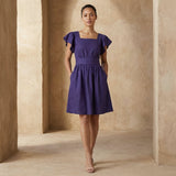 Purple Cotton Poplin Open-Back Fit and Flare Knee Length Dress