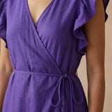 Purple Cotton Poplin Ruffle Midi Wrap Dress