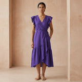 Purple Cotton Poplin Ruffle Midi Wrap Dress
