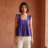 Purple Cotton Poplin Ruffle-Strap Square Neck Peplum Top