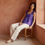 Purple Cotton Poplin Ruffle-Strap Square Neck Peplum Top