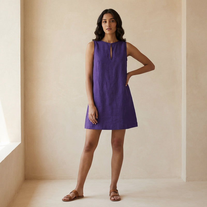 Purple Cotton Poplin Sleeveless A-Line Short Shift Dress 62