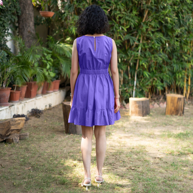 Purple Cotton Poplin Sleeveless Gathered Short Dress
