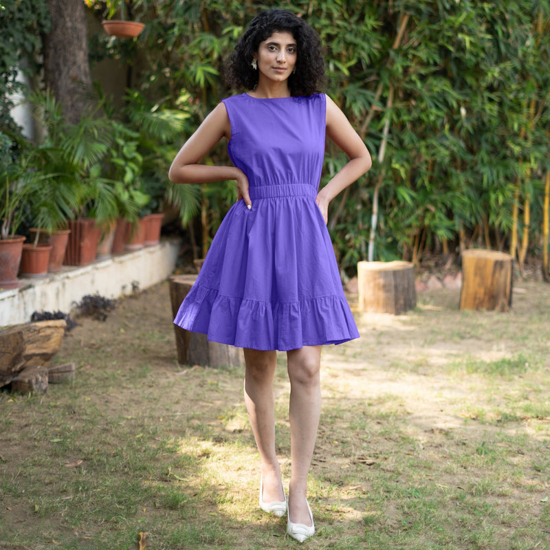 Purple Cotton Poplin Sleeveless Gathered Short Dress