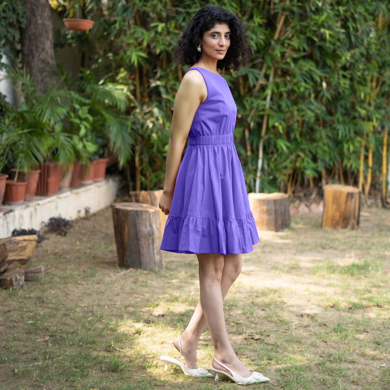 Purple Cotton Poplin Sleeveless Gathered Short Dress