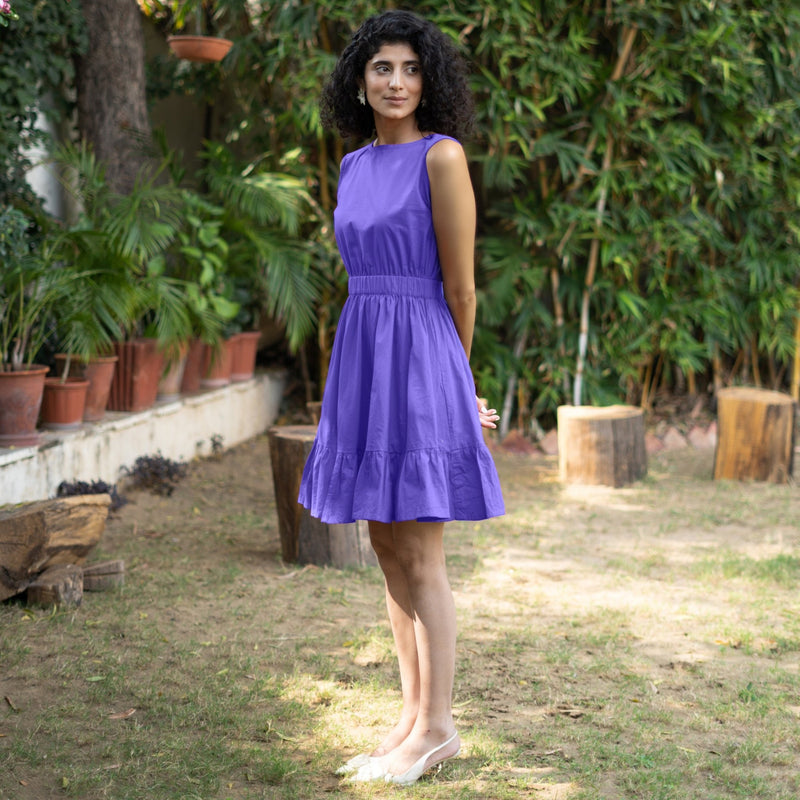 Purple Cotton Poplin Sleeveless Gathered Short Dress